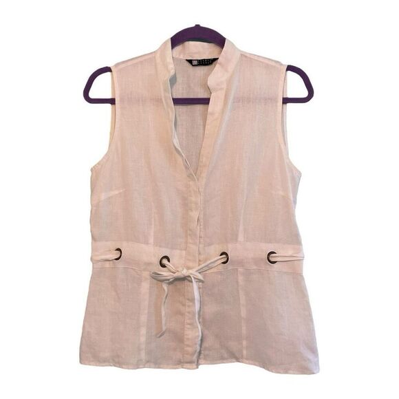 Carole Little Linen Button Down Shirt White Sleeveless Grommet Detail Vest S - Picture 1 of 9